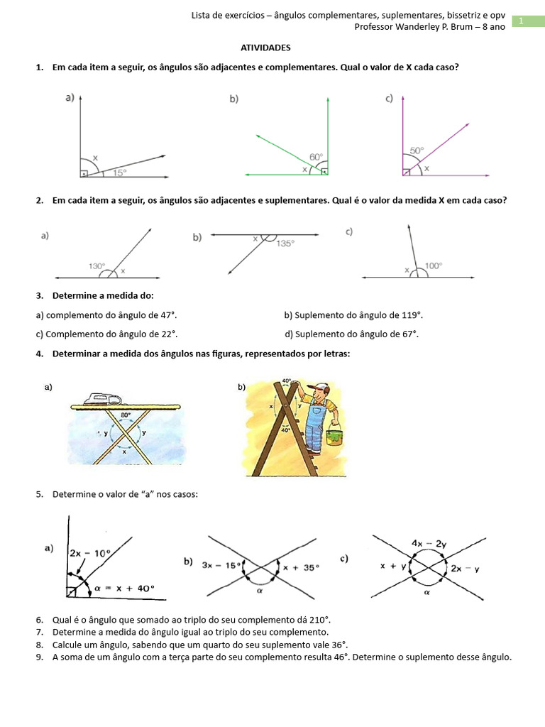 Exercícios sobre Ângulos Complementares e Suplementares | PDF