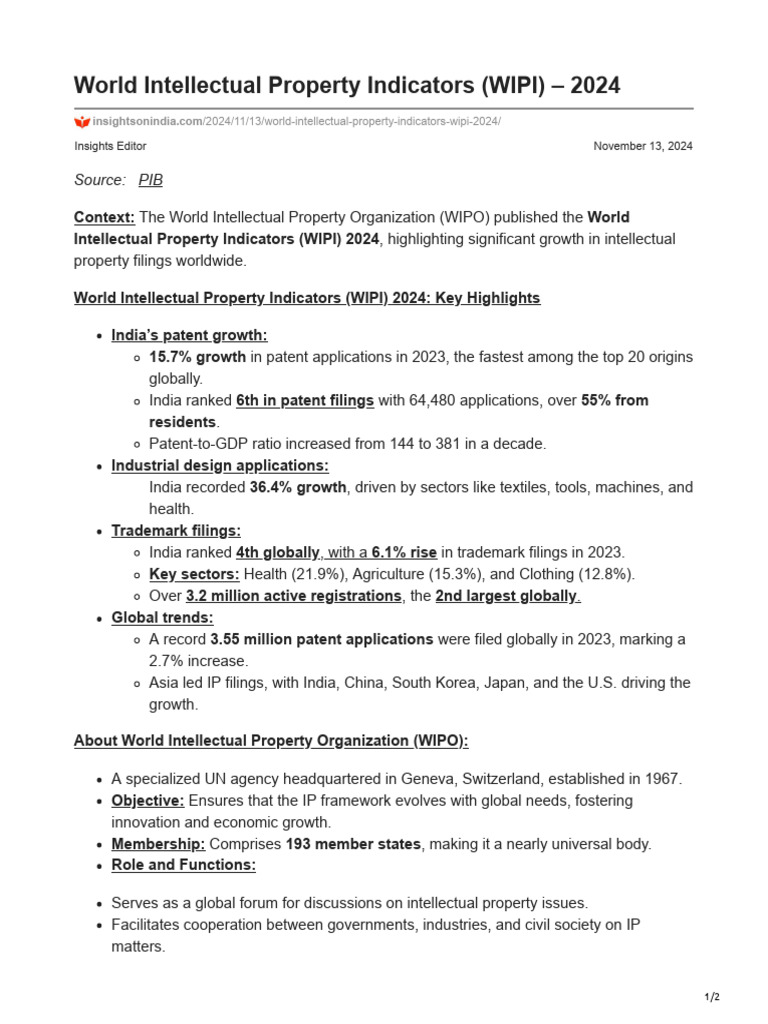 World Intellectual Property Indicators WIPI 2024 | PDF | World ...