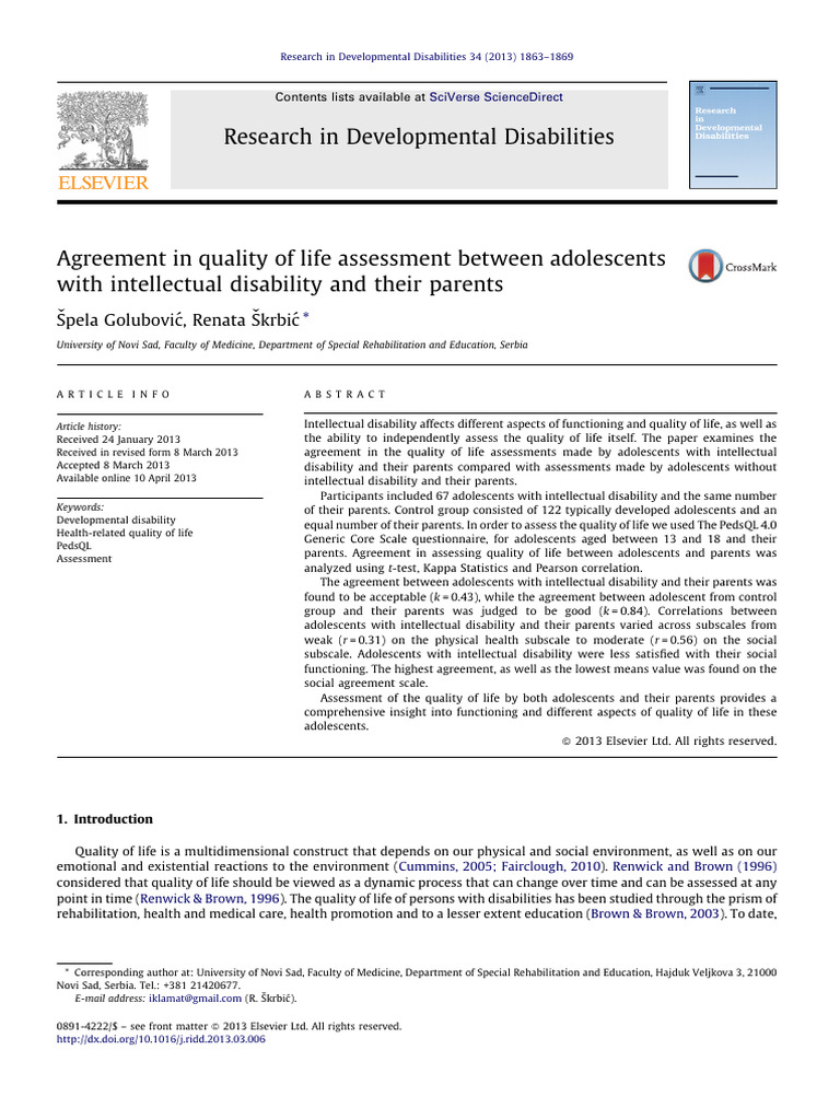 Agreement in Quality of Life Assessment Between Adolescents With ID and ...