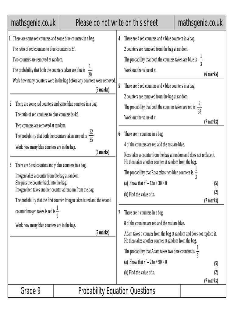 Algebraic Probability Worksheet | PDF