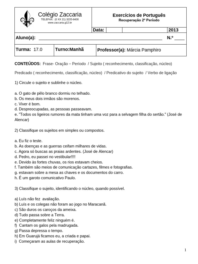 701 - Tipos de Sujeito e Predicado | PDF | Assunto (gramática ...