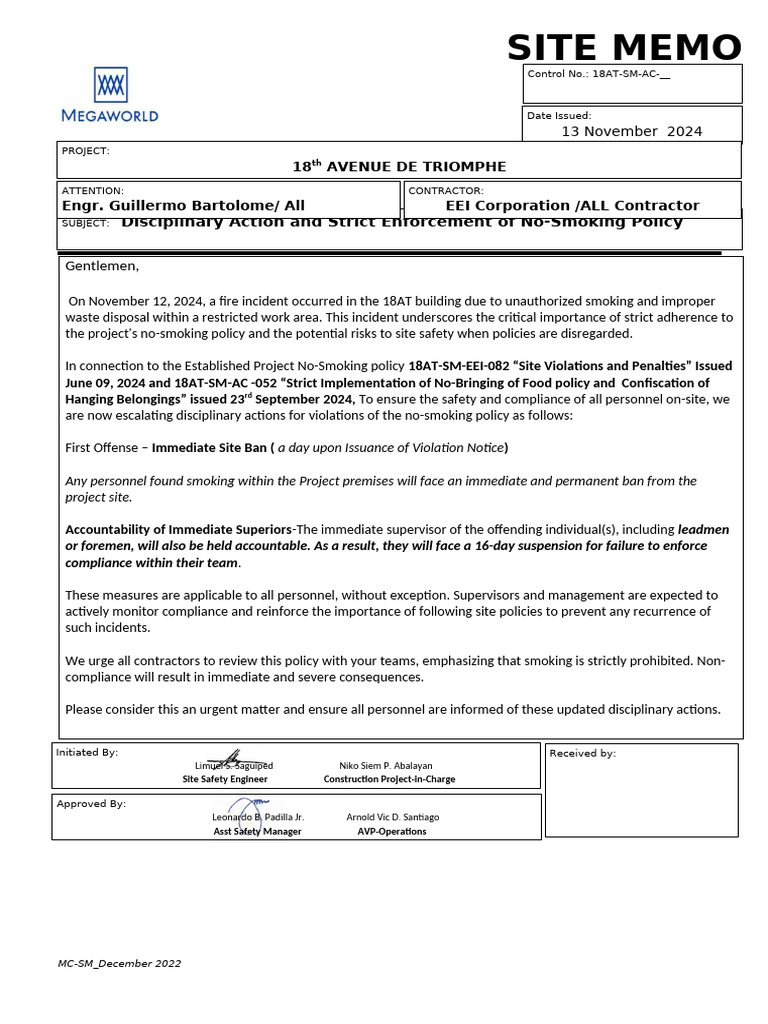 No-Smoking Policy Enforcement Memo | PDF | Justice | Crime & Violence