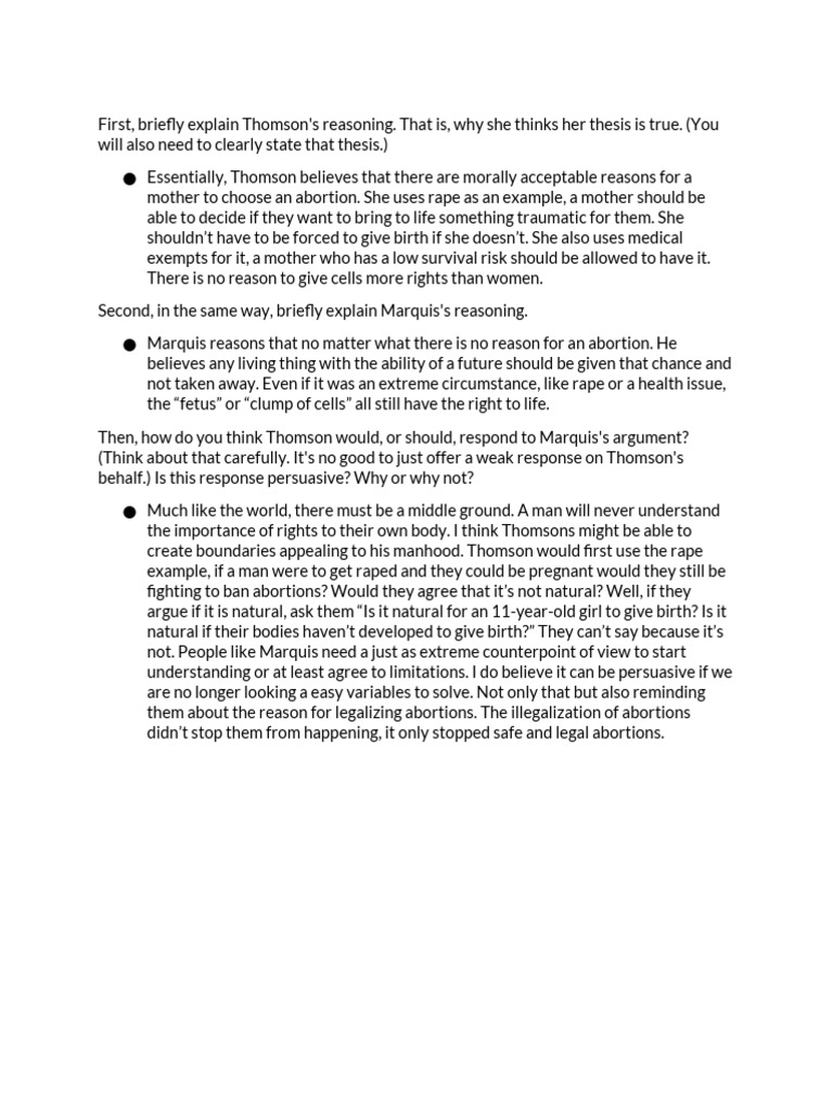 Abortion Ethics: Thomson vs. Marquis | PDF | Wellness