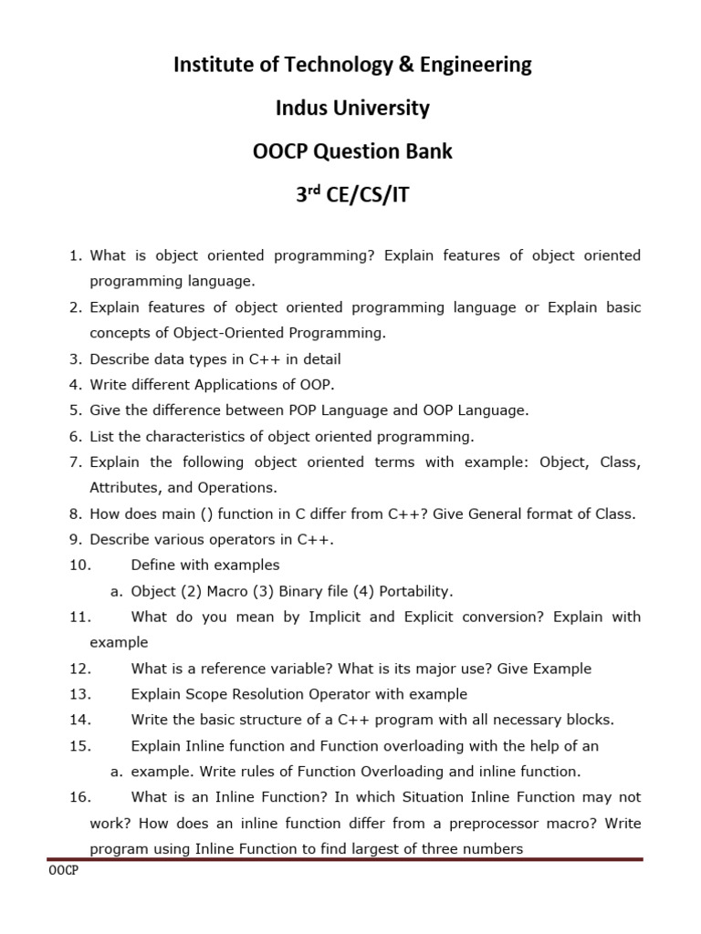 OOCP Question Bank for C++ Programming | PDF | C++ | Class (Computer ...