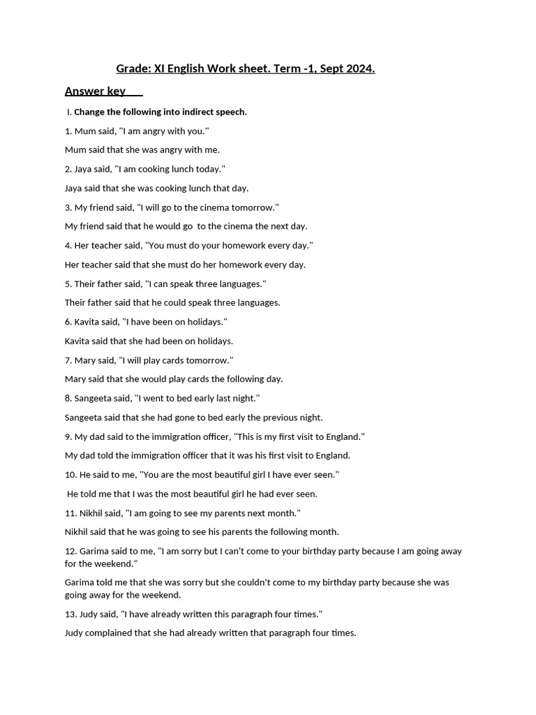 XI STD English Work Sheet Answer Key. | PDF