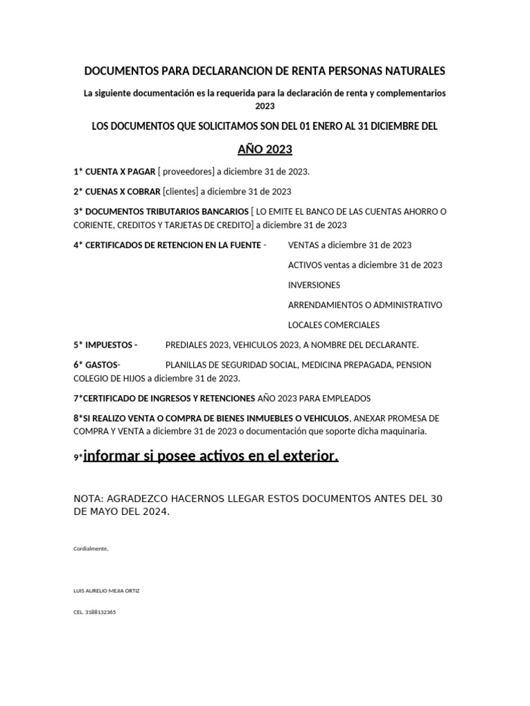 Documentos para Declarancion de Renta Naturales | PDF