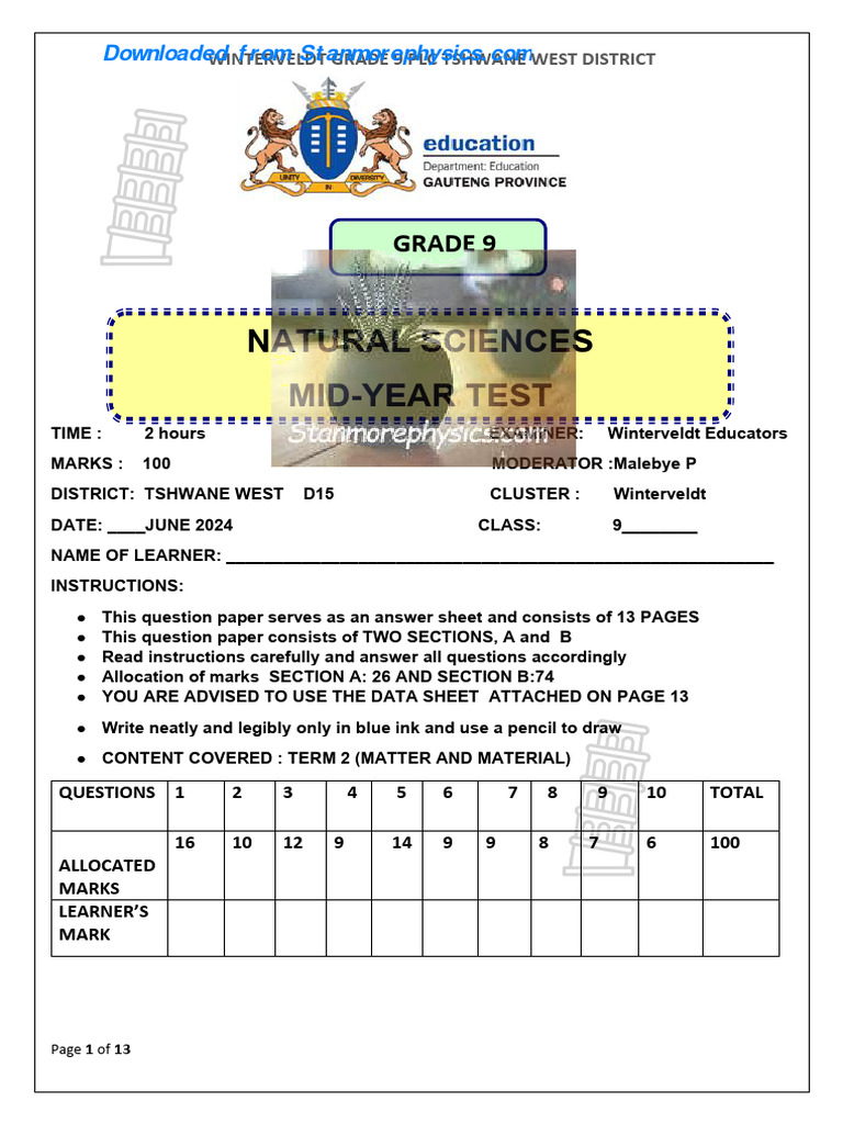 Grade 9 Natural Science Mid-Year Test | PDF | Chemical Compounds ...