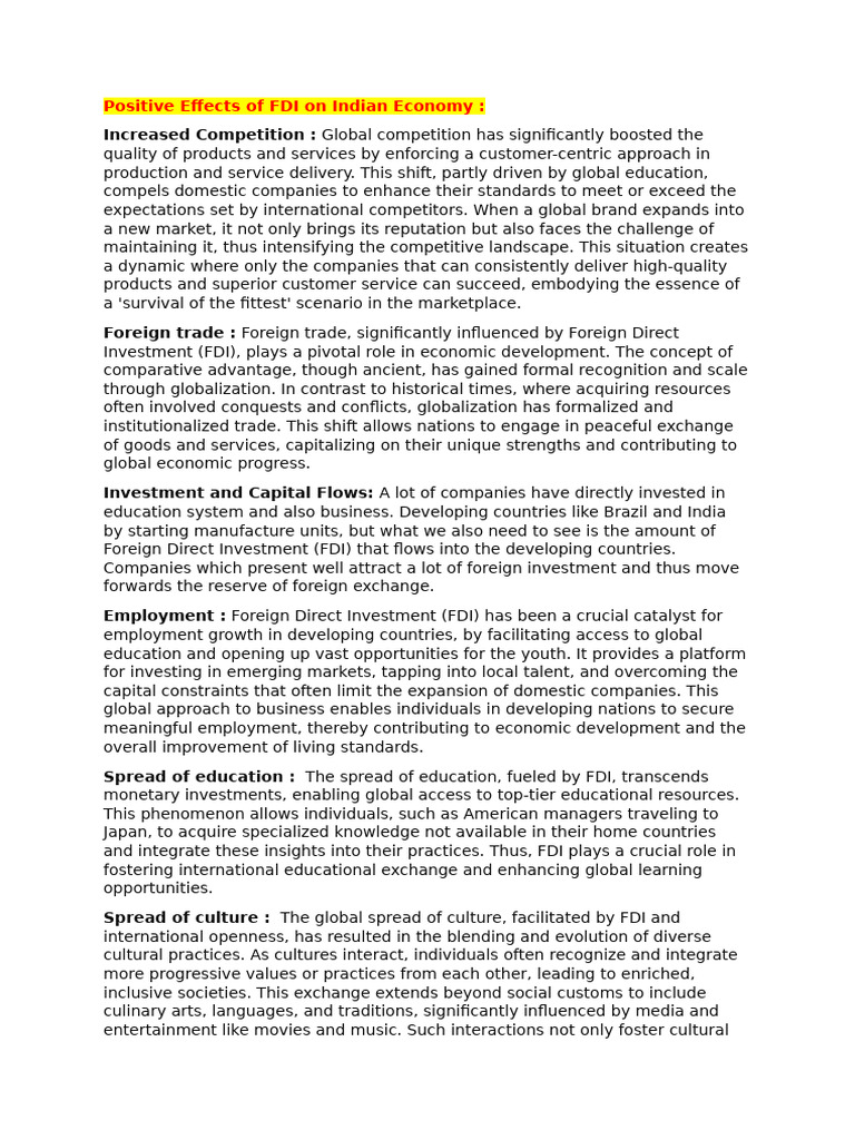 Impact of FDI on India's Economy | PDF | Foreign Direct Investment ...