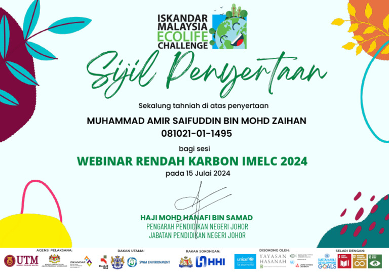 Sijil Penyertaan Webinar Rendah Karbon IMELC 2024 | PDF