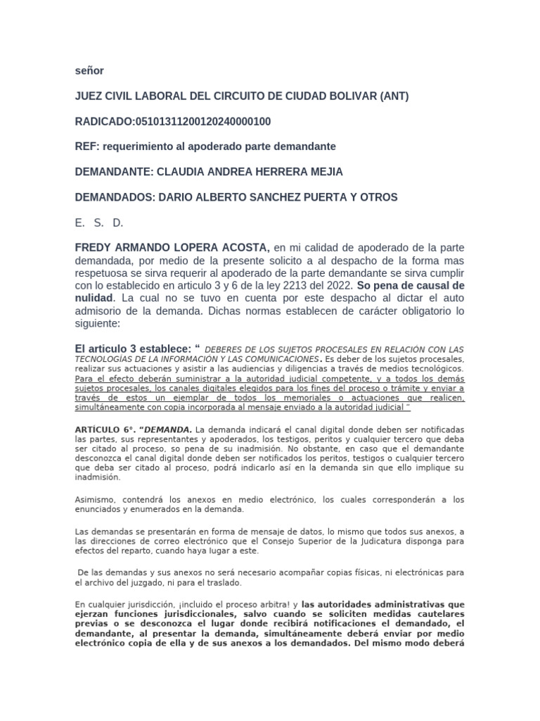 Requerimiento Apoderado | PDF | Demanda judicial | Judicaturas