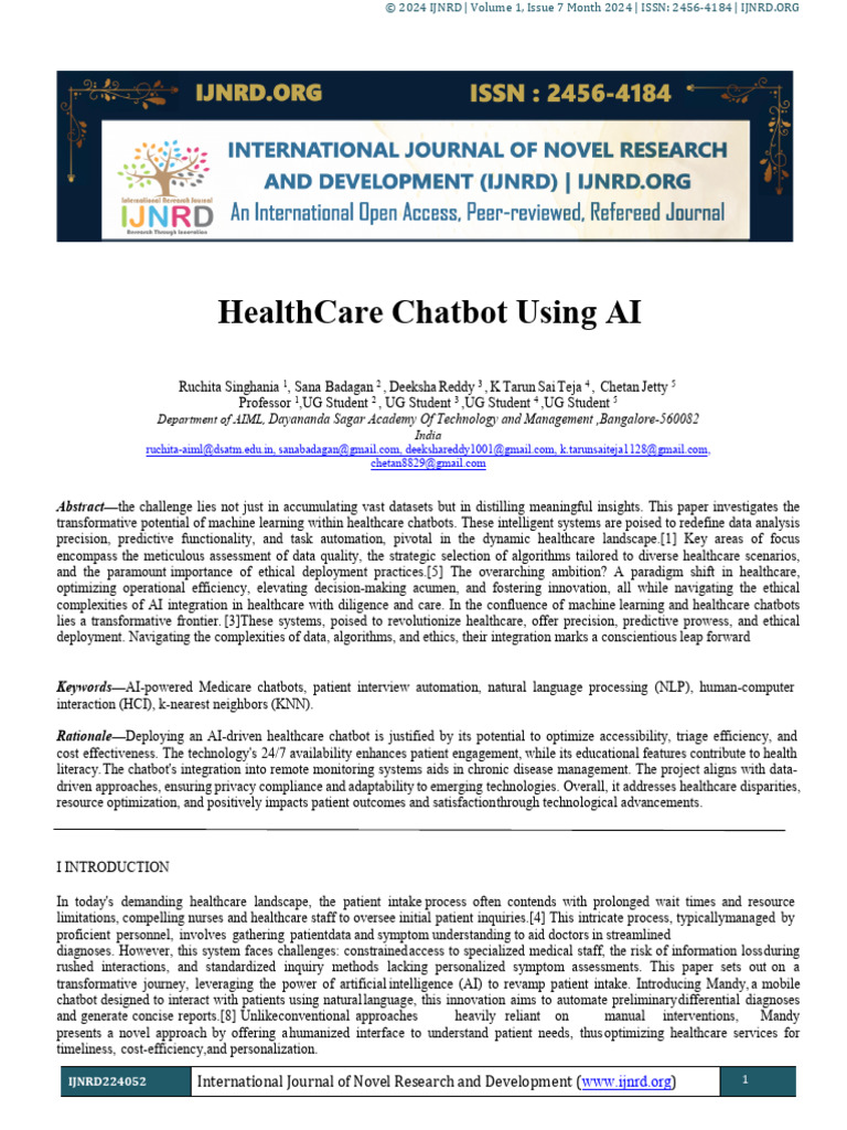 Healthcare Chatbot Using AI Paper | PDF | Artificial Intelligence ...