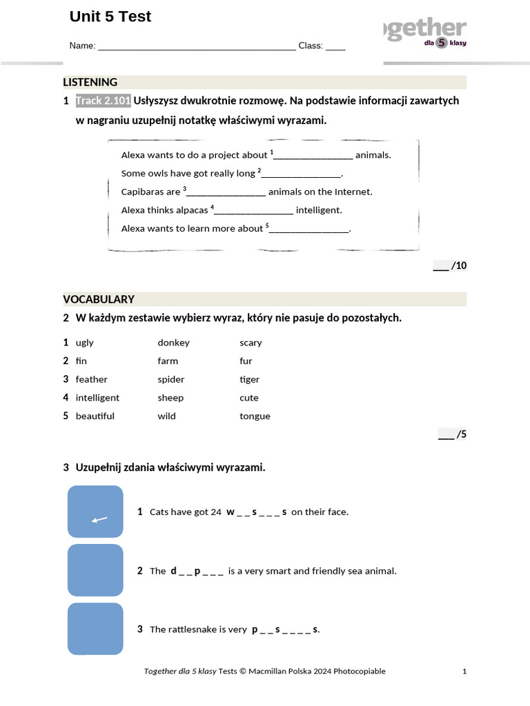 Together Klasa 5 Unit 5 Test | PDF | Language Arts & Discipline