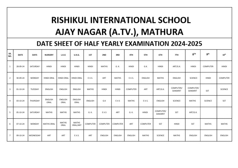 2024-25 Half Yearly Exam Date Sheet | PDF