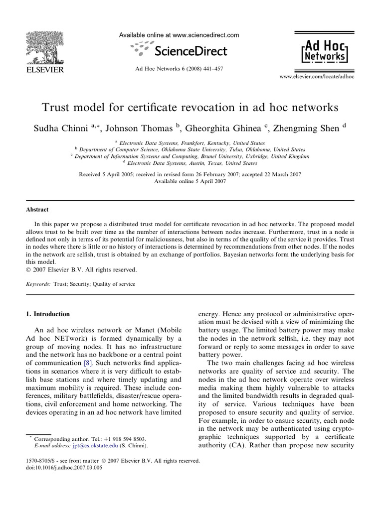 2008 Elsevier Trust Model For Certificate Revocation in Ad Hoc Networks ...