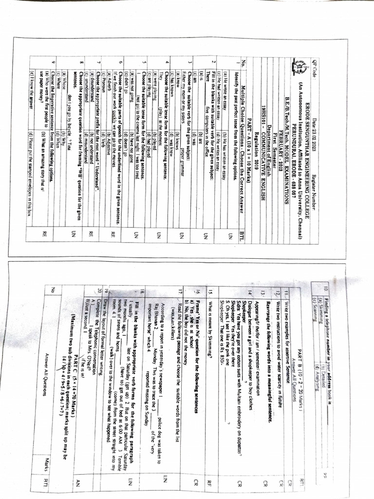 23.02.2023 English Question Paper | PDF | Linguistic Morphology | Syntax