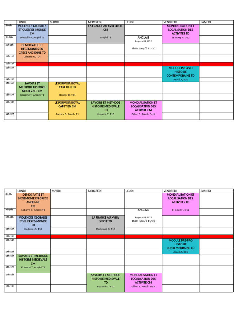 Emploi du temps des cours d'histoire | PDF