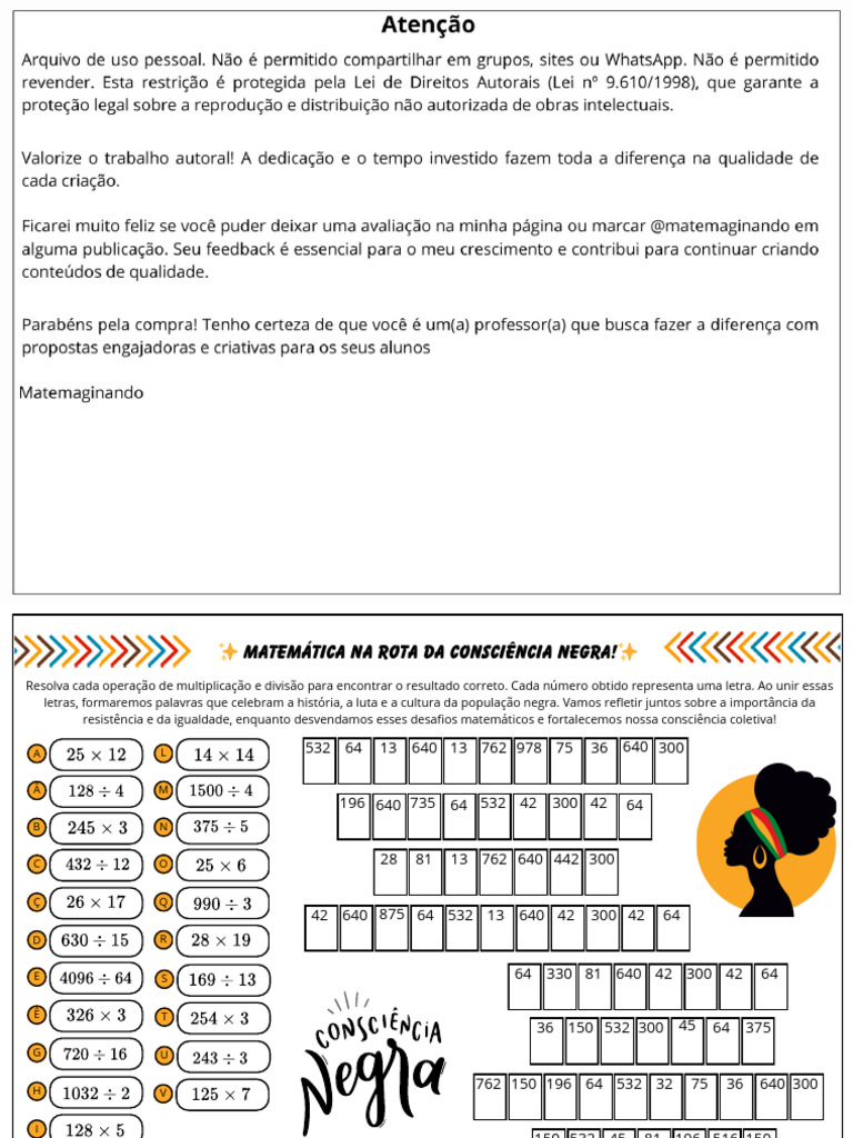 Atividade Matemática: Consciência Negra | PDF | Matemática | Aritmética