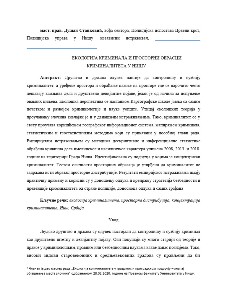 Ekologija Kriminala I Prostorni Obrasci Kriminaliteta U Nisu | PDF