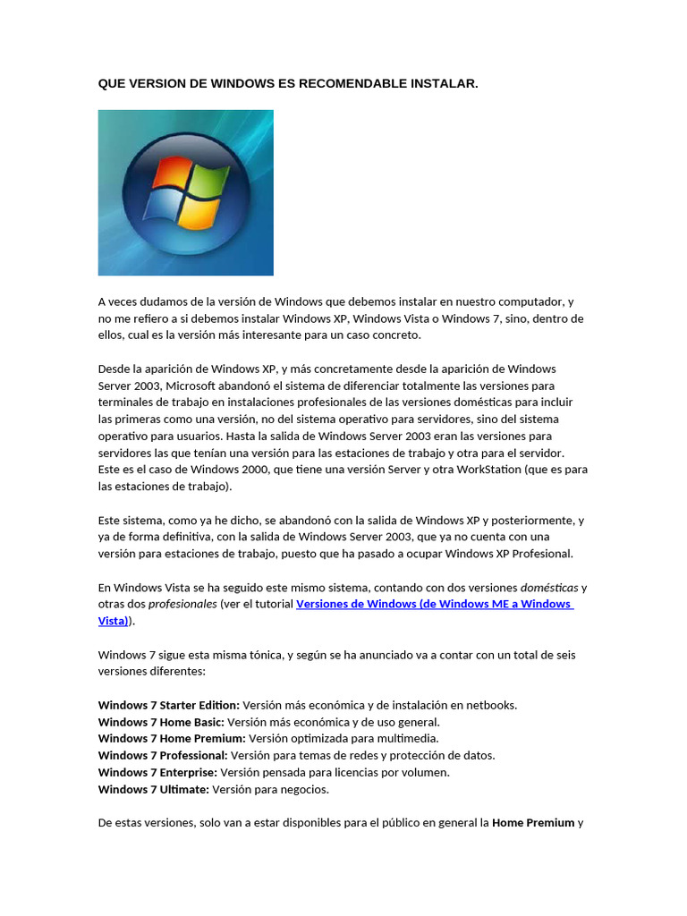 Que Version de Windows Es Recomendable Instalar | PDF | Microsoft ...