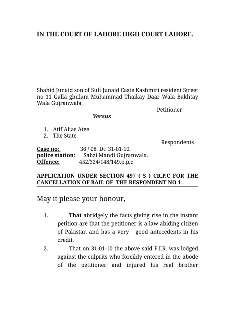 In The Court of Session Judge Lahore | PDF | Bail | Crime & Violence