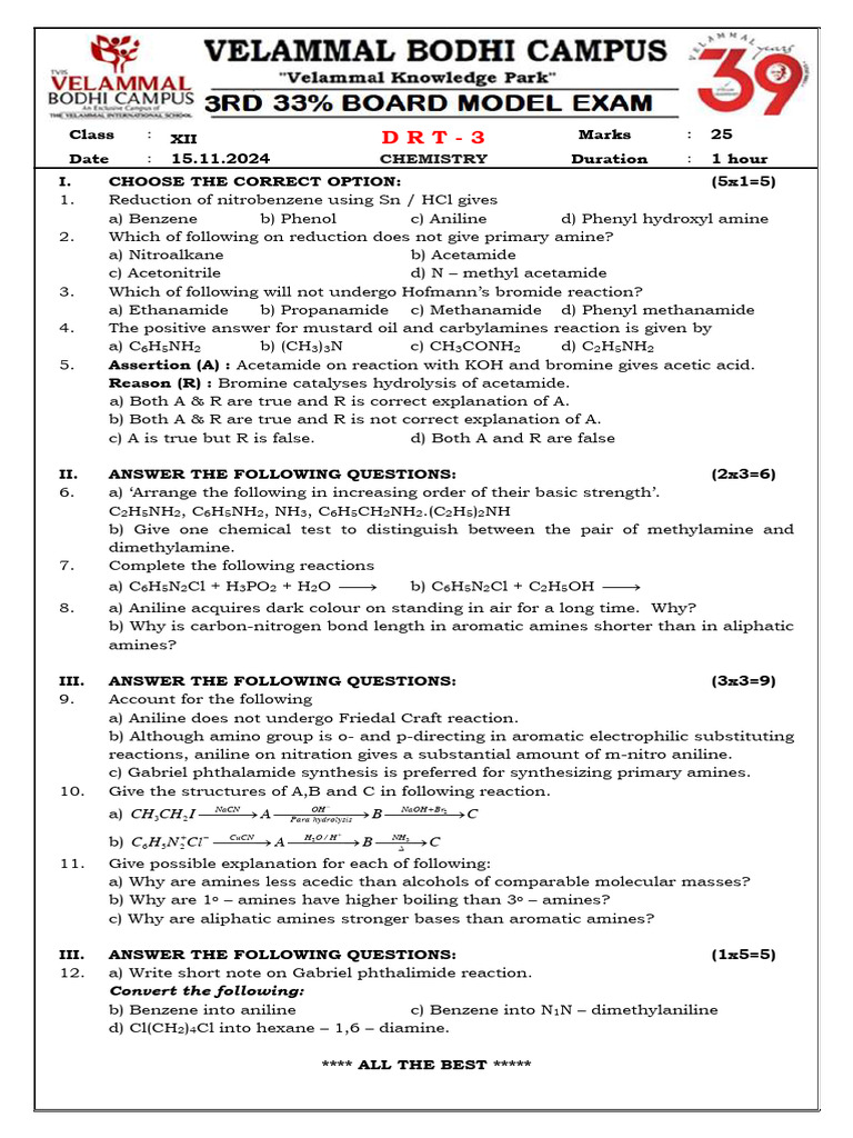 Chemistry Exam: Amines and Reactions | PDF | Amine | Chemical Reactions