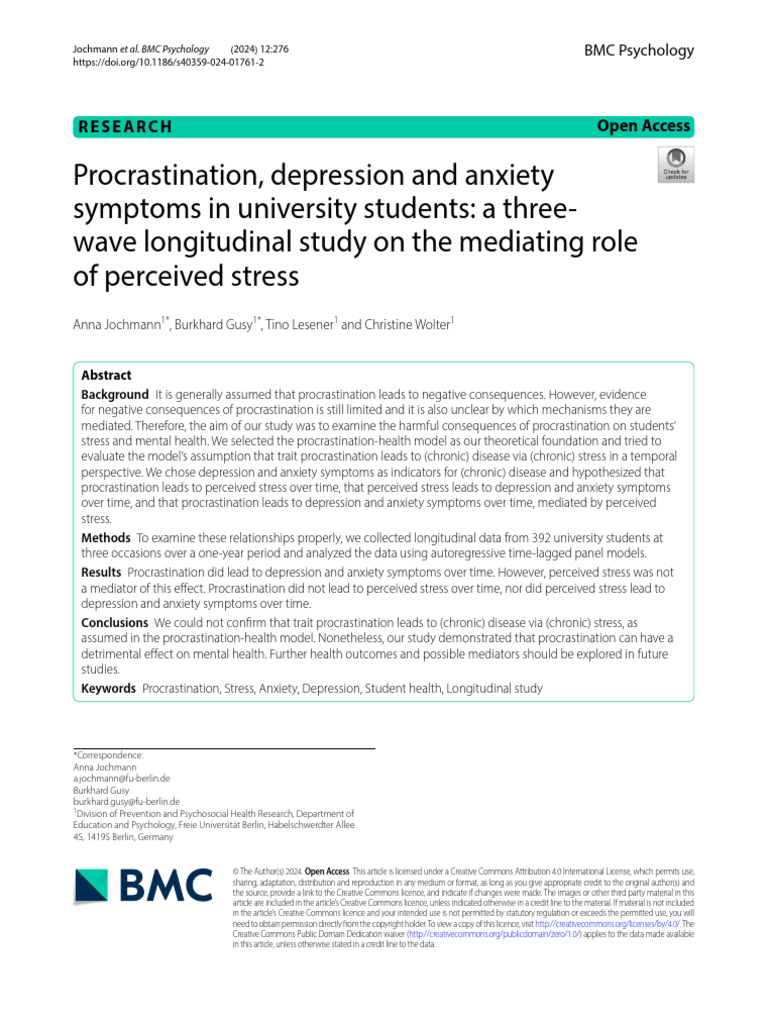 Procrastination, Depression and Anxiety Symptoms in University Students ...