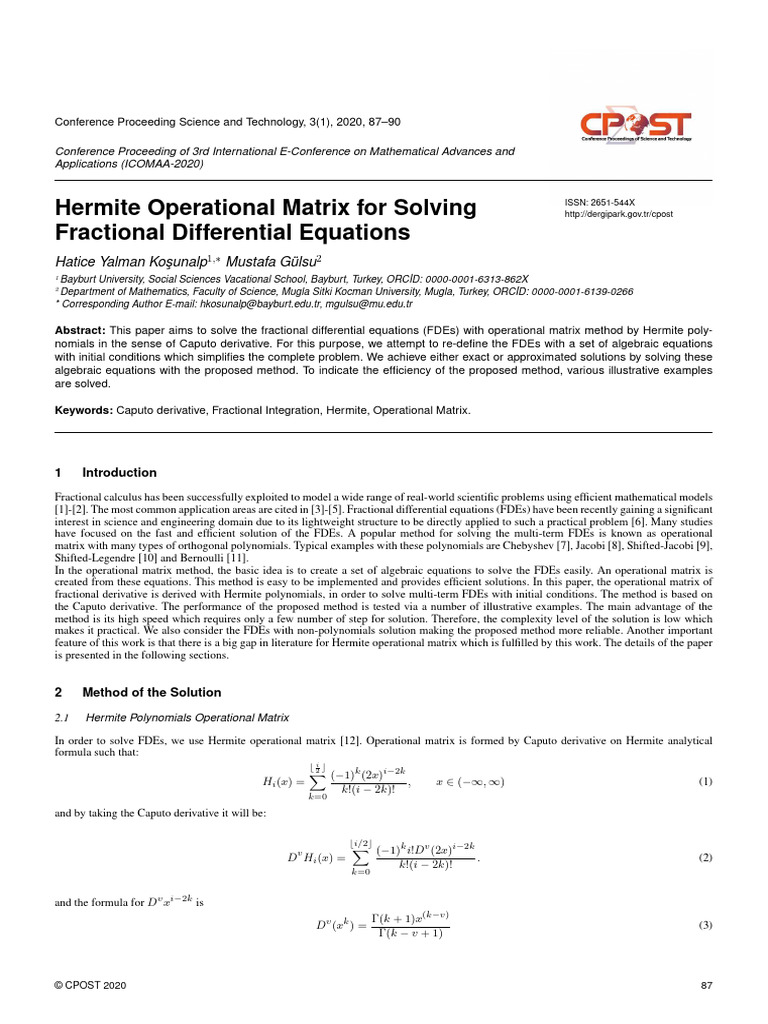 Hermite Matrix for Fractional Equations | PDF | Equations | Matrix ...