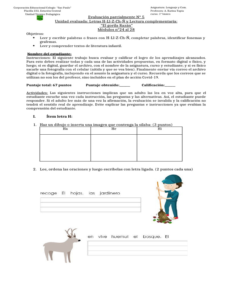 Evaluación de Lenguaje 1° Básico | PDF | Artes del Lenguaje y ...