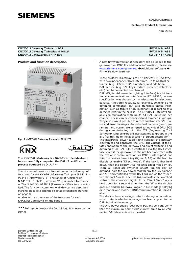 SIEMENS KNX/DALI-GATEWAY 5WG1141-1AB31 IP20 5WG11411AB31 KNX/Dali-Gateway EUR 750,53 - IT