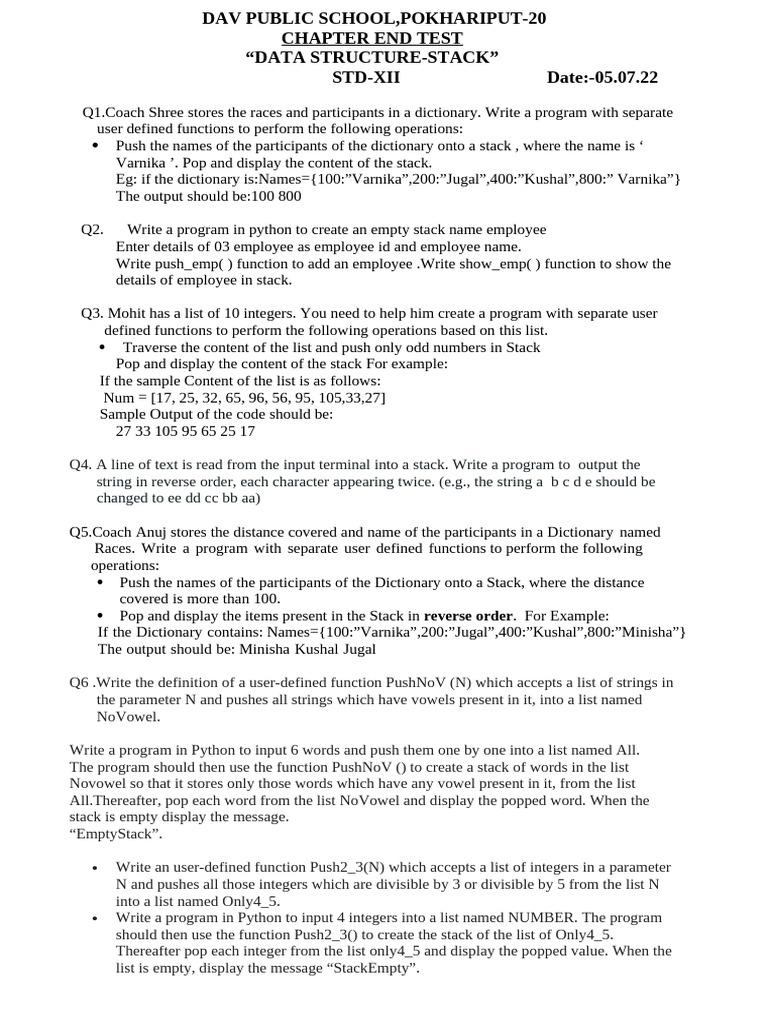Chapter End Test - Xii - Stack | PDF | Parameter (Computer Programming ...