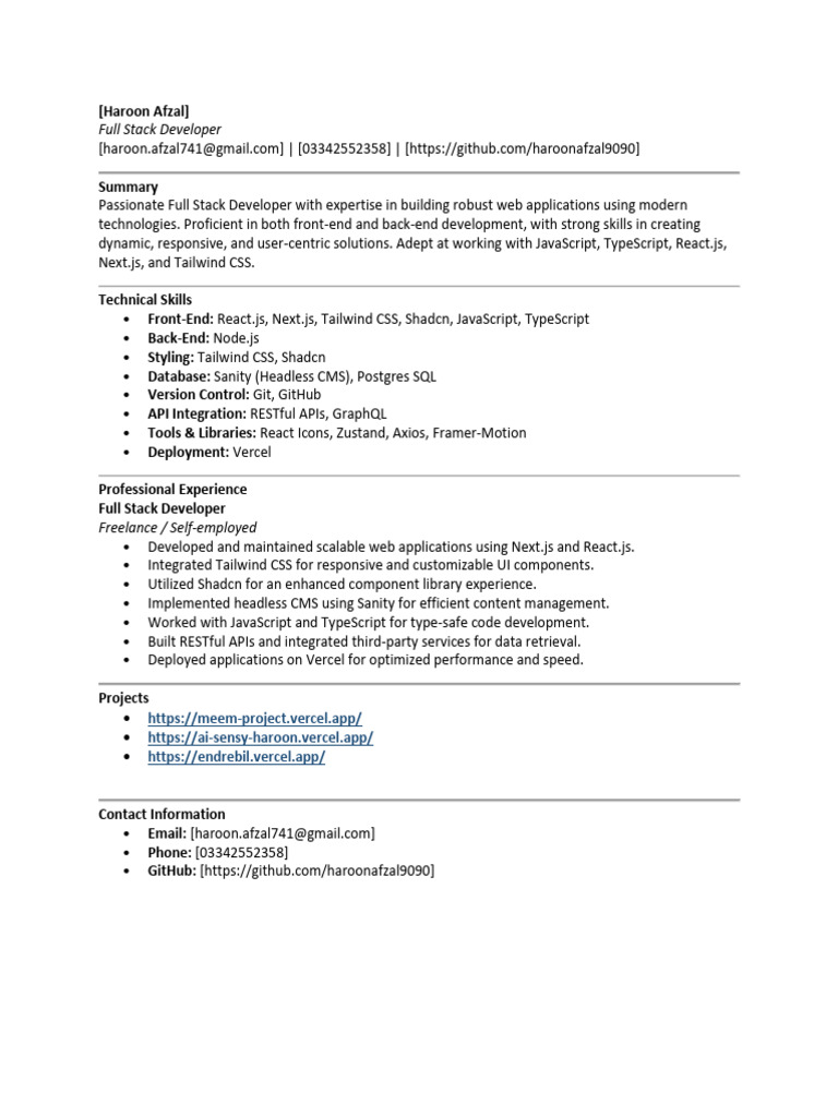 Full Stack Developer Portfolio Summary | PDF