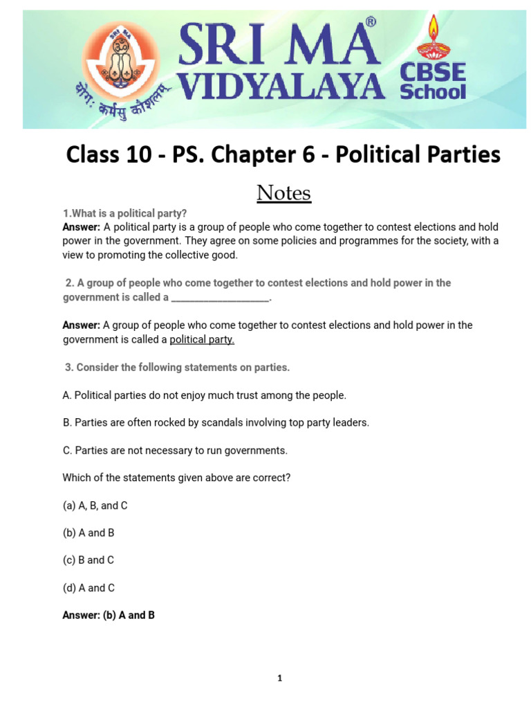 Class10 Political Science Ch6 Political Parties Notes | PDF | Democracy ...