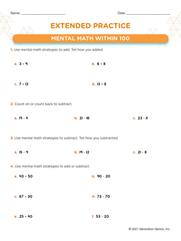 GG Mental Math Within 100 Practice1 | PDF