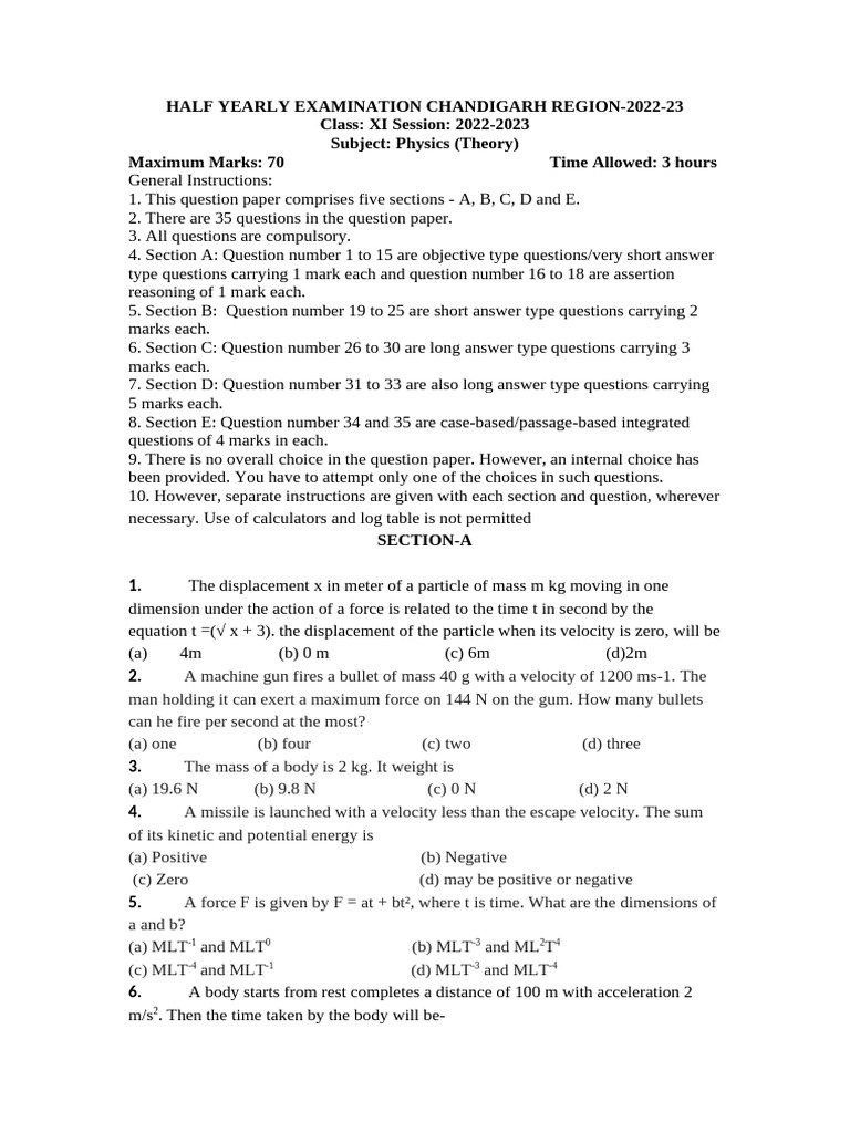 QP XI Phy HY 2022-23 | PDF | Force | Velocity