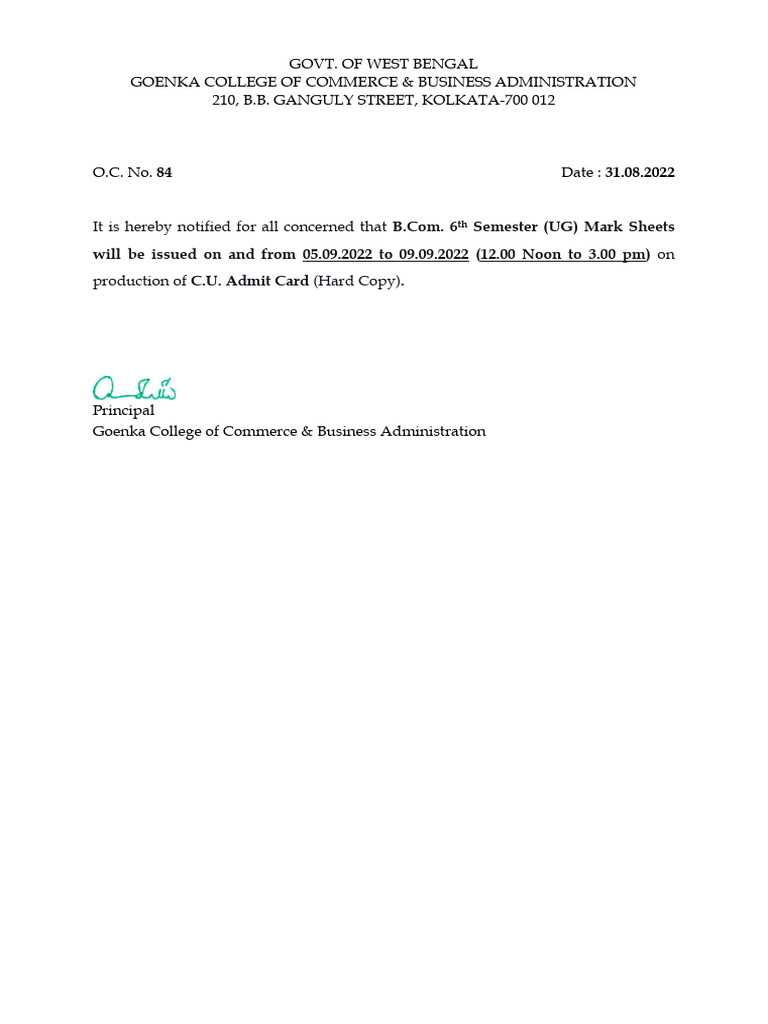 B.Com 6th Sem Mark Sheet Notice | PDF
