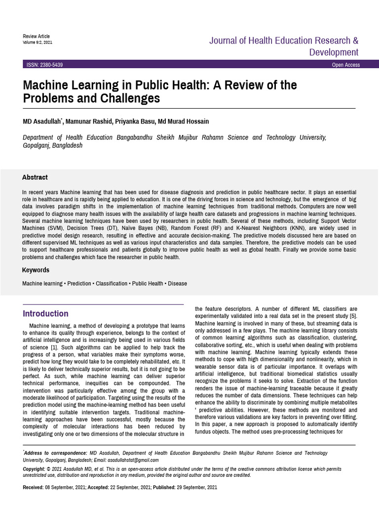 Machine Learning in Public Health A Review | PDF | Machine Learning ...