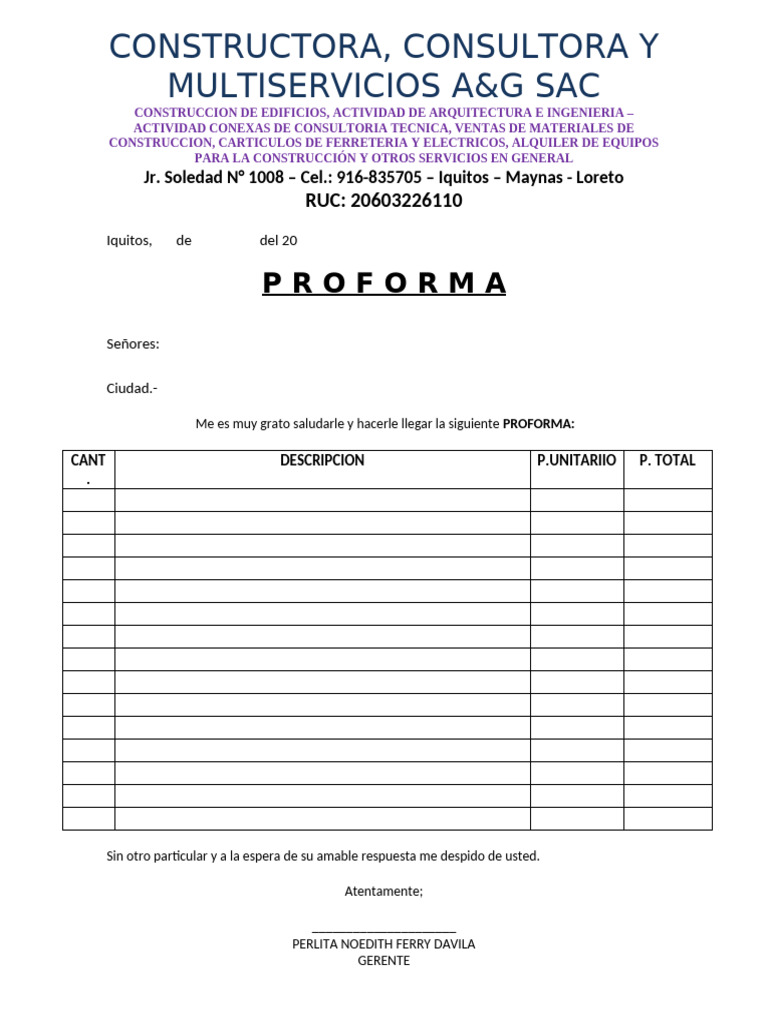 Proforma de Servicios de Construcción A&G SAC | PDF