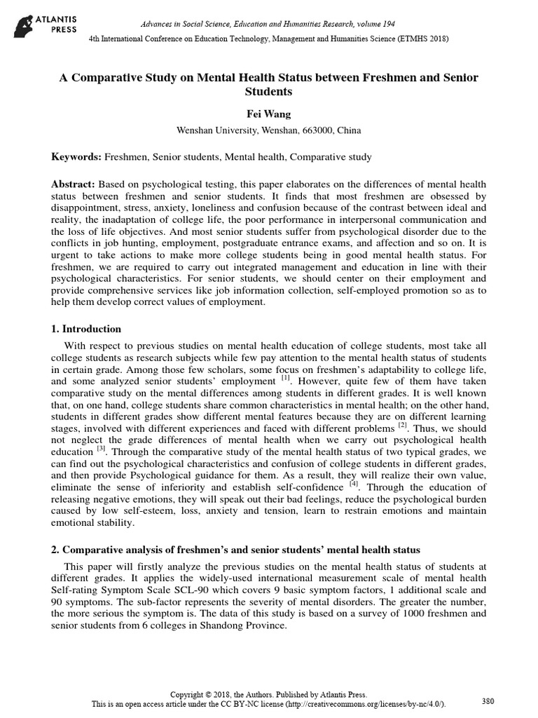 A Comparative Study On Mental Health Status Between Freshmen and Senior ...
