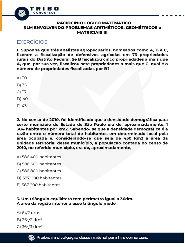 Raciocínio Lógico: Exercícios Aritméticos e Geométricos | PDF