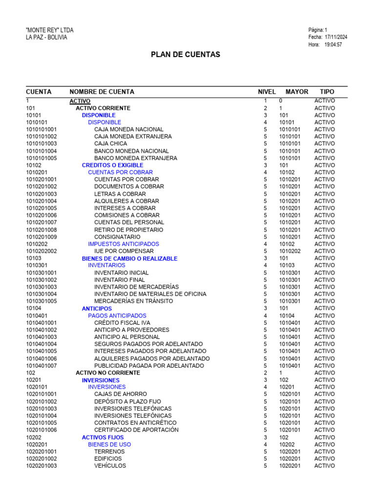 Plan de Cuentas "Monte Rey" LTDA | PDF | Impuestos | Contabilidad