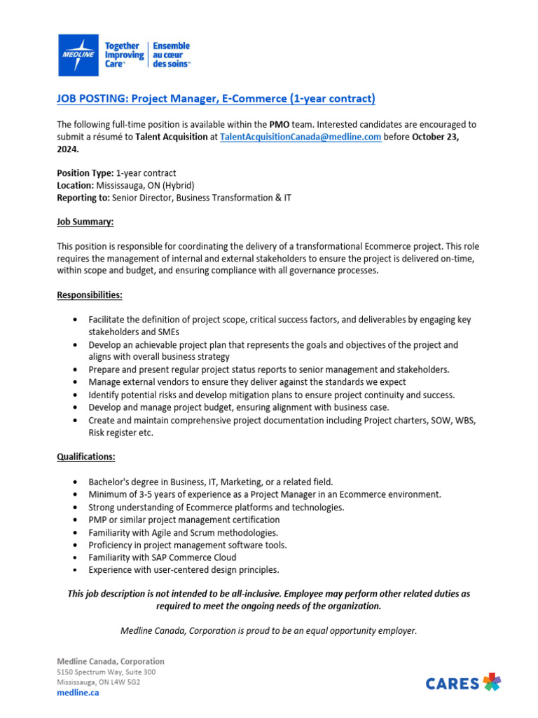 Job Posting - Project Manager E-Commerce (1-Year Contract) | PDF ...