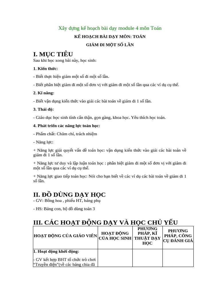 Xây dựng kế hoạch bài dạy module 4 môn Toán | PDF