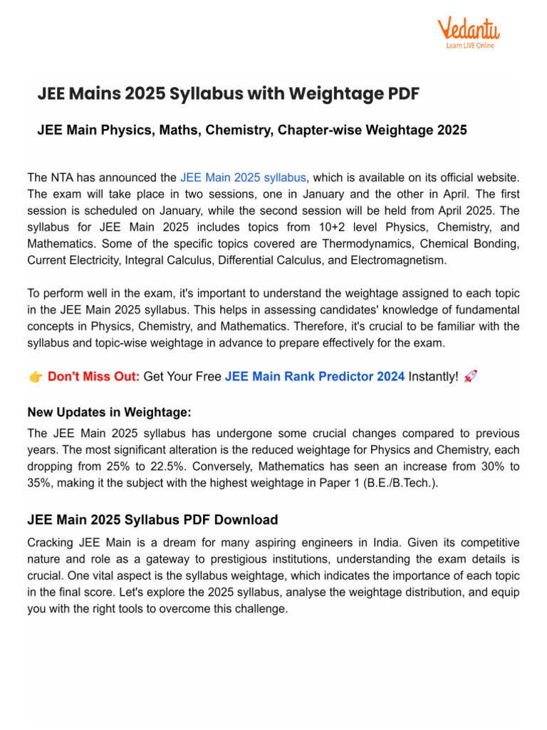 Vedantu JEE Mains 2025 Syllabus With Weightage PDF | PDF