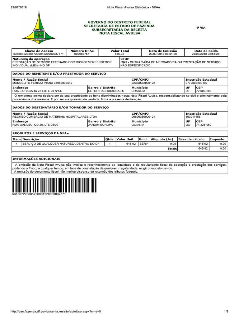 Nota Fiscal Avulsa Eletrônica - NFAe DF | PDF | Recibo | Impostos