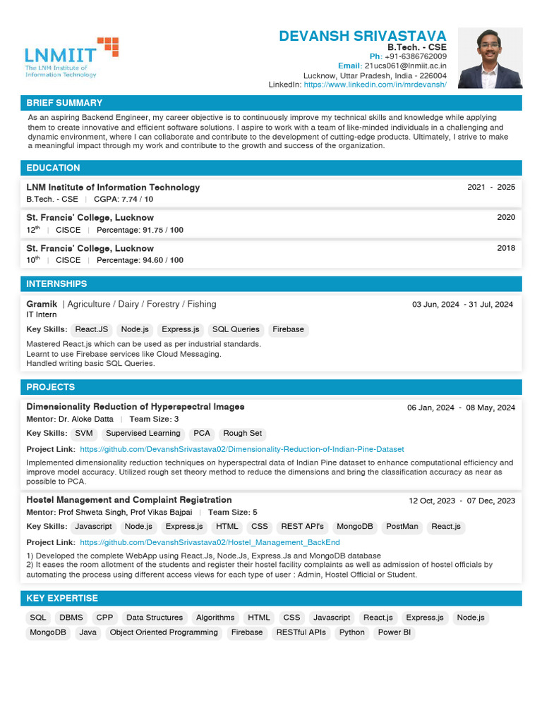 Devansh Srivastava: Aspiring Backend Engineer | PDF | Databases | Java ...