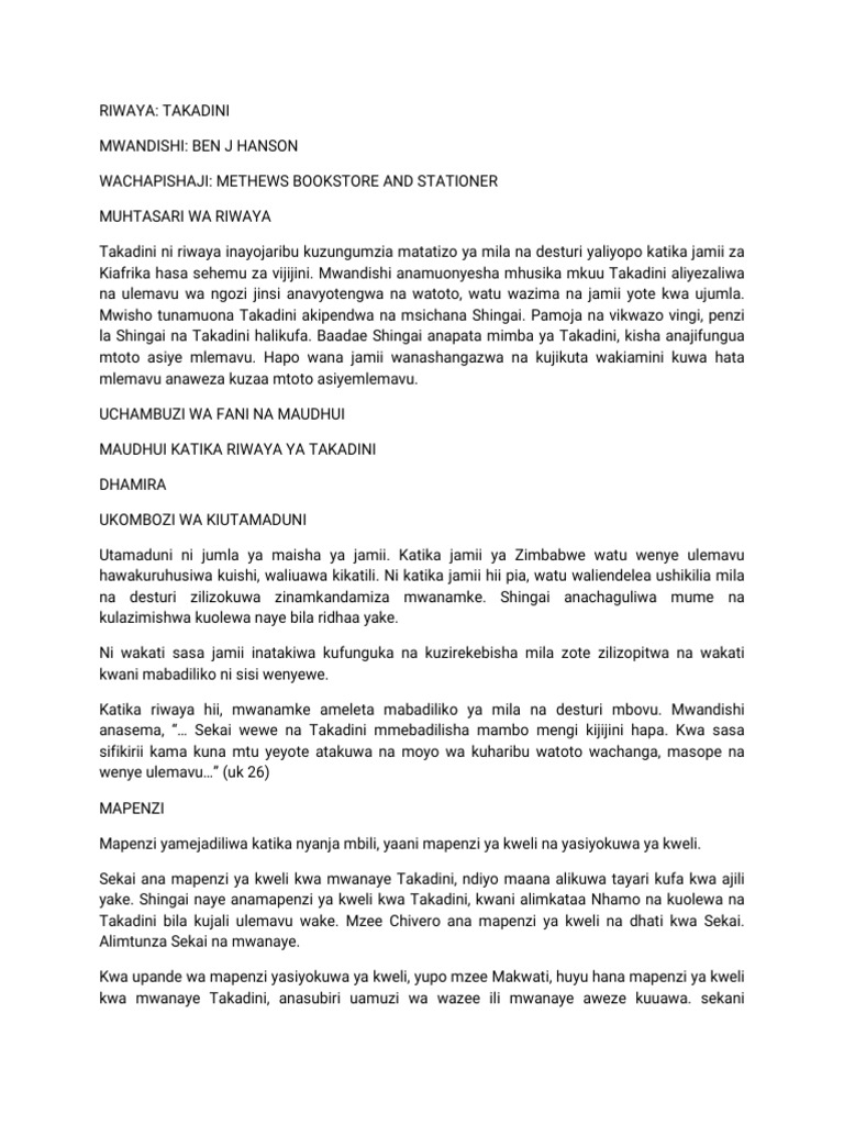Uchambuzi Wa Riwaya Takadin | PDF