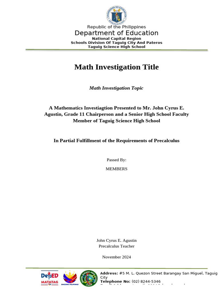 Taguig Science High School Math Investigation | PDF | Metro Manila ...