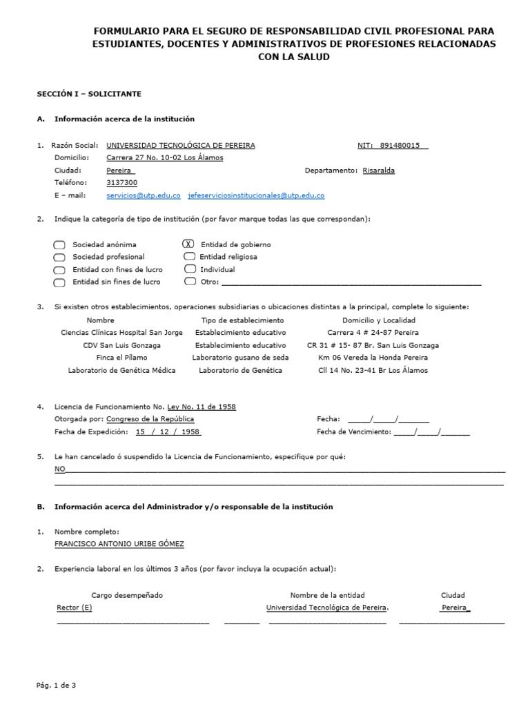 Formulario RC Profesionales de La Salud 2024 Firmado | PDF | Seguro ...