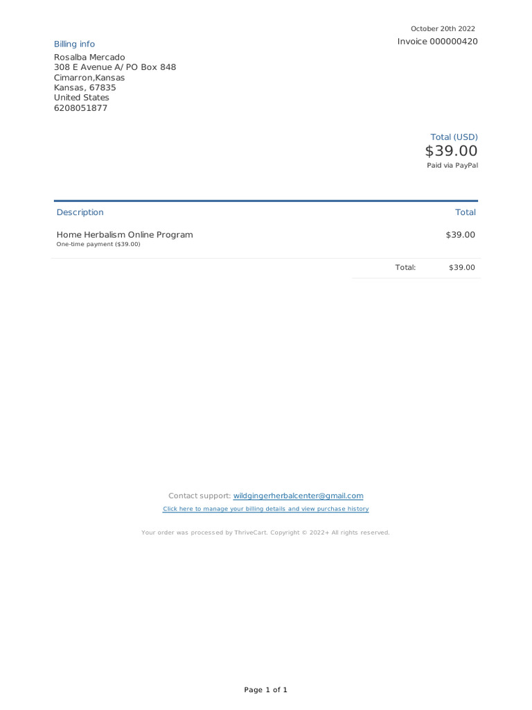 Home Herbalism Program Invoice | PDF