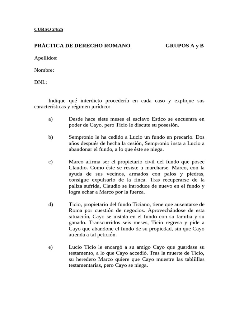 Interdictos en Derecho Romano: Casos Prácticos | PDF